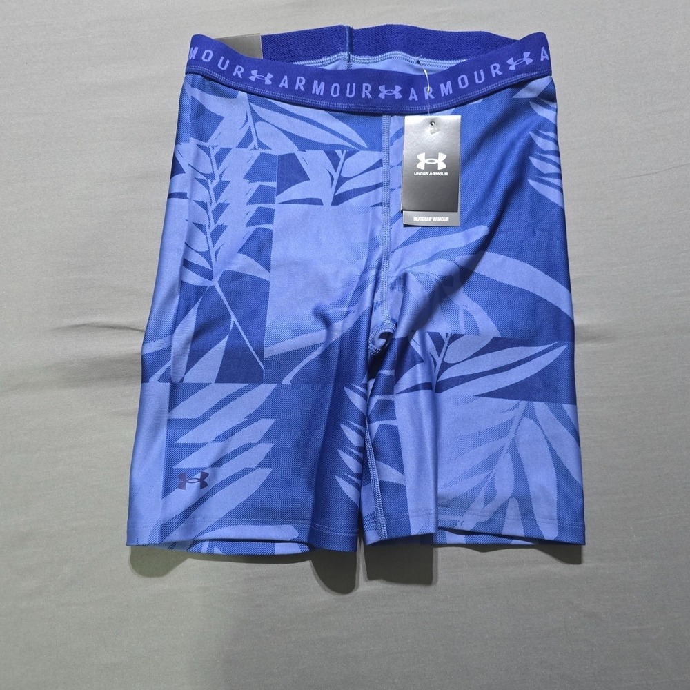 NEW Under Armour Women HeatGear Printed Bike Shorts Starlight Medium purple leaf
